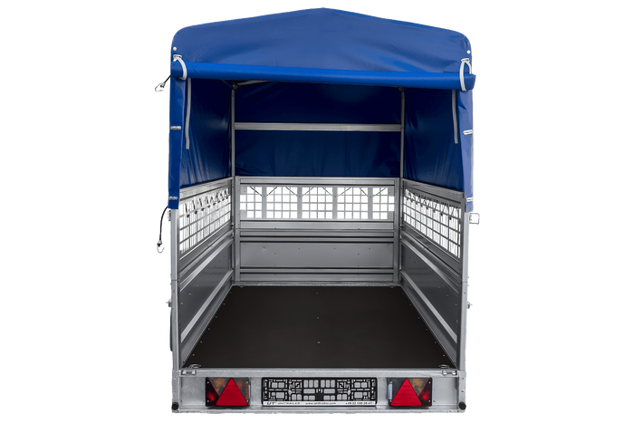 Remorque porte-voitures sur ressorts 264x125 UNITRAILER FORCE 264/R KIPP avec côtés en filet, châssis H-800 et bâche bleue
