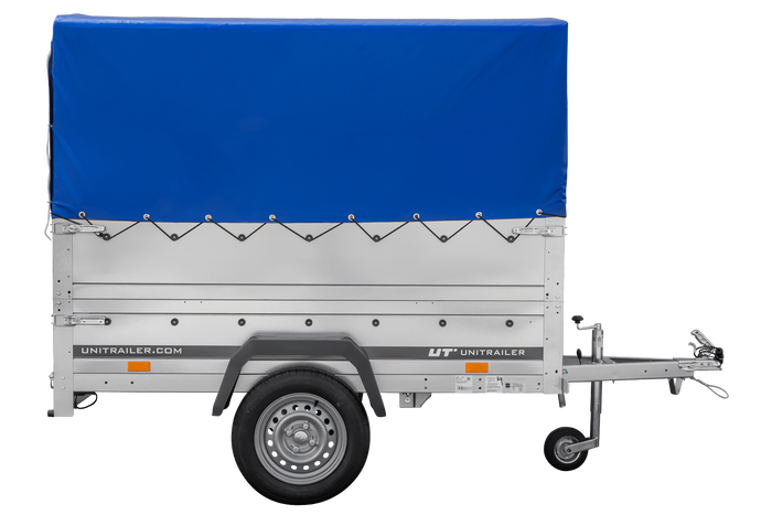 Remorque porte-voitures 200x106 UNITRAILER GARDEN 200 KIPP avec ridelles BIS, châssis H-800 et bâche bleue