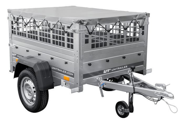 Remorque porte-voitures 150x106 UNITRAILER GARDEN 150 KIPP avec côtés en filet et bâche grise
