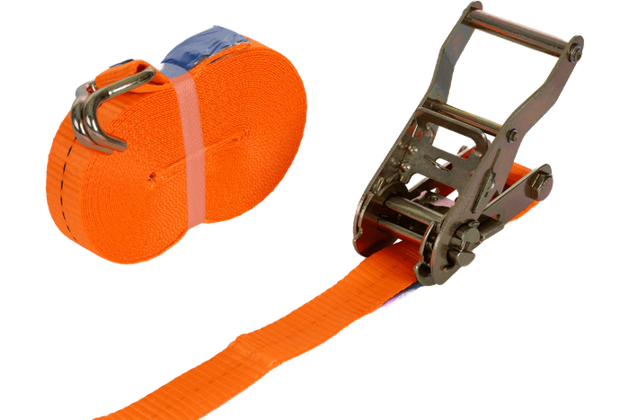 Ensemble de quatre courroies de transport UNITRAILER orange 10 m/25 mm/1 t avec tendeur