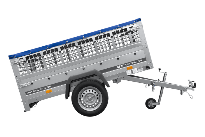 Remorque à un essieu 200x125 UNITRAILER GARDEN 201 KIPP avec ridelles grillagées, châssis H-0 et bâche bleue