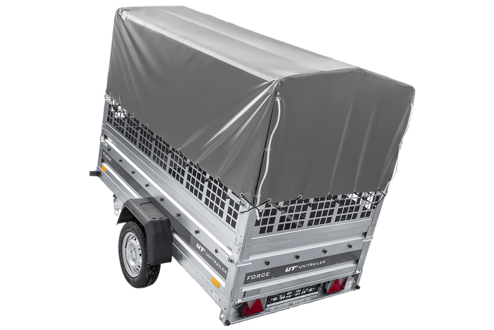 Remorque à un essieu 230x125 UNITRAILER FORCE 230 KIPP avec ridelles grillagées, châssis H-800 et bâche grise