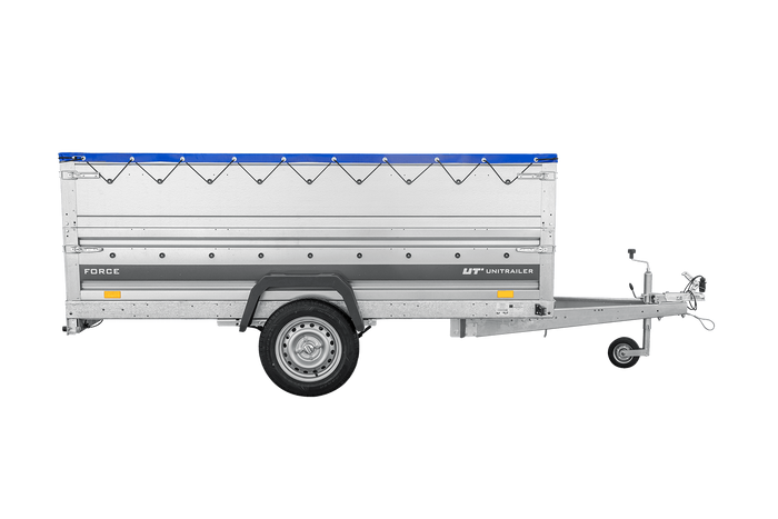 Remorque à un essieu sur ressorts 264x125 UNITRAILER FORCE 264/R KIPP avec côtés BIS, châssis H-0 et bâche bleue