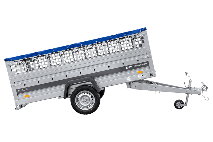 Remorque à un essieu sur ressorts 264x125 UNITRAILER FORCE 264/R KIPP avec côtés en filet, châssis H-0 et bâche bleue