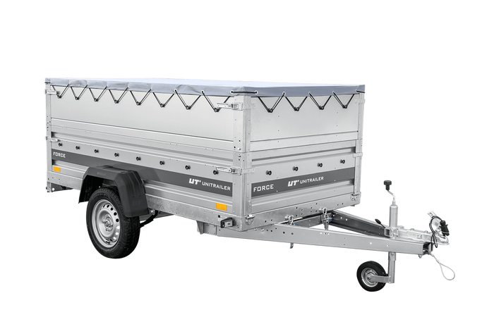Remorque porte-voitures sur ressorts 230x125 UNITRAILER FORCE 230/R KIPP avec ridelles BIS, châssis H-0 et bâche grise