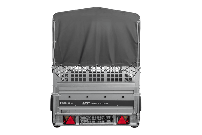 Remorque porte-voitures 264x125 UNITRAILER FORCE 264 KIPP avec côtés en filet, châssis H-800 et bâche grise