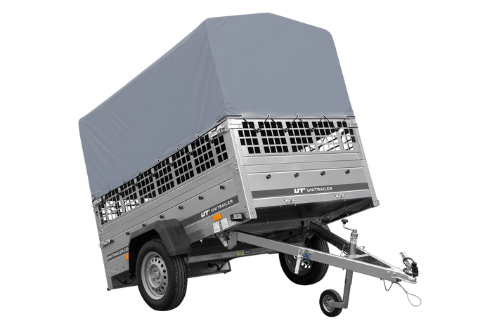 Remorque à un essieu 200x125 UNITRAILER GARDEN 201 KIPP avec côtés en filet, châssis H-800 et bâche grise