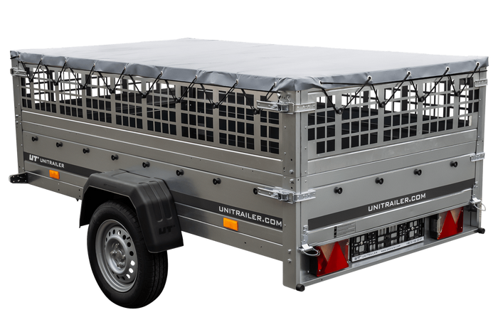 Remorque à un essieu 230x125 UNITRAILER GARDEN 230 KIPP avec côtés en filet, châssis H-0 et bâche grise