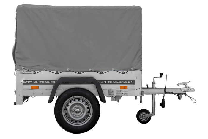 Remorque à un essieu 150x106 UNITRAILER GARDEN 150 KIPP avec châssis H-800 et bâche grise