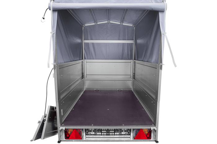 Remorque mono-essieu 150x106 UNITRAILER GARDEN 150 KIPP avec ridelles BIS, châssis H-800 et bâche grise