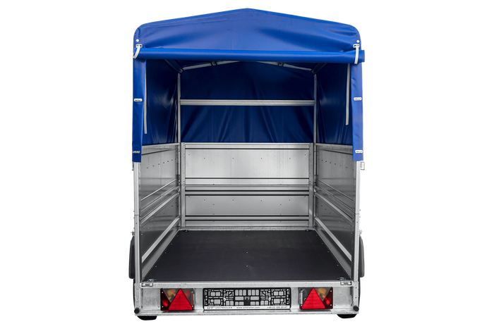 Remorque porte-voitures 230x125 UNITRAILER FORCE 230 KIPP avec ridelles BIS, châssis H-800 et bâche bleue