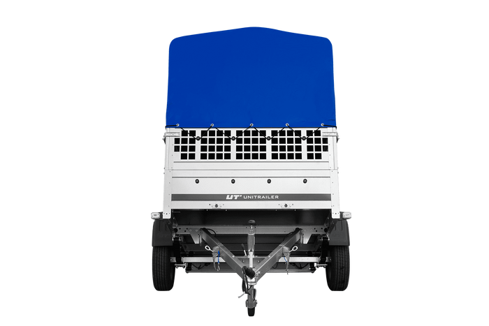 Remorque à un essieu sur ressorts UNITRAILER GARDEN 201/R KIPP 200x125 avec côtés en filet, châssis H-800 et bâche bleue