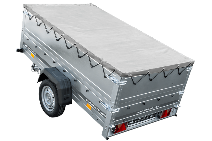 Grande remorque 230x125 avec bâche plate grise, tiges de support bâche, rehausses de ridelles et roue jockey - Garden Trailer 230 KIPP