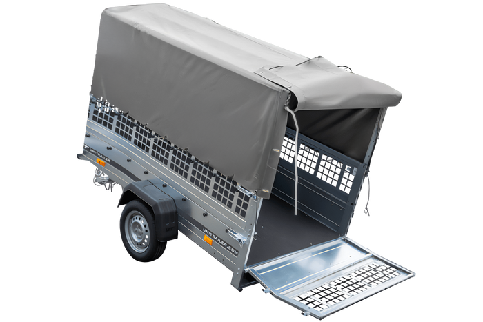 Remorque porte-voitures 230x125 UNITRAILER GARDEN 230 KIPP avec côtés en filet, châssis H-800 et bâche grise