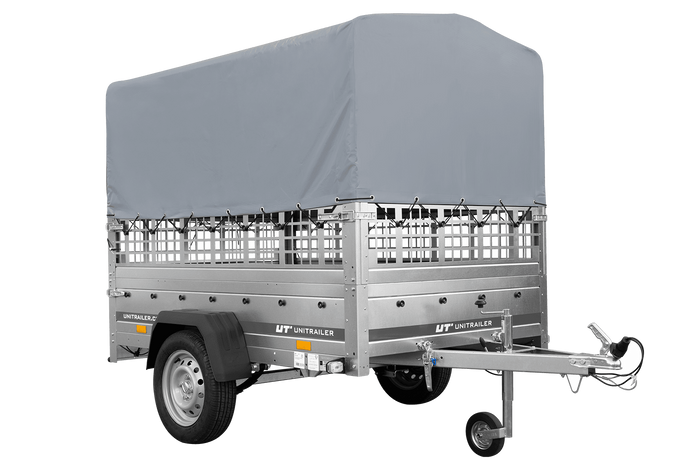 Remorque à un essieu sur ressorts UNITRAILER GARDEN 201/R KIPP 200x125 avec côtés en filet, châssis H-800 et bâche grise
