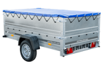 REMORQUE DE JARDIN 230 KIPP AVEC ROUE JOINTE, GLISSIÈRES BIS ET BÂCHE PLATE BLEUE