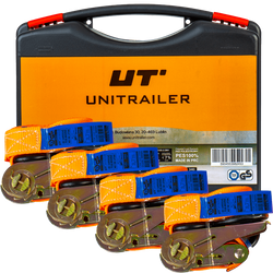 Ensemble de quatre sangles de transport UNITRAILER orange de 4 m/25 mm/0,68 t avec tendeur, dans une valise
