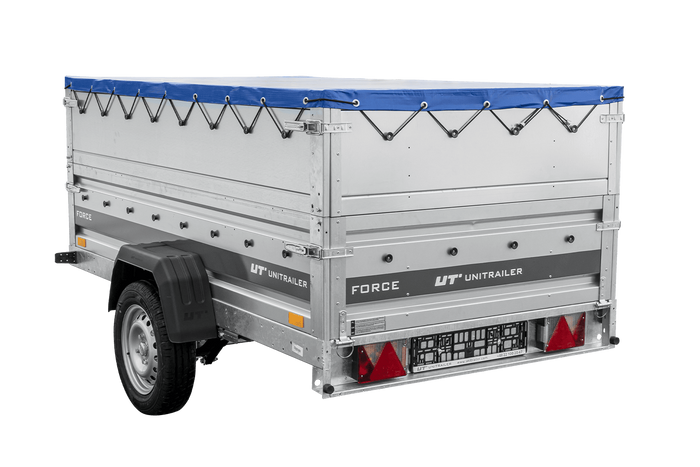 Remorque porte-voitures sur ressorts 230x125 UNITRAILER FORCE 230/R KIPP avec côtés BIS, châssis H-0 et bâche bleue