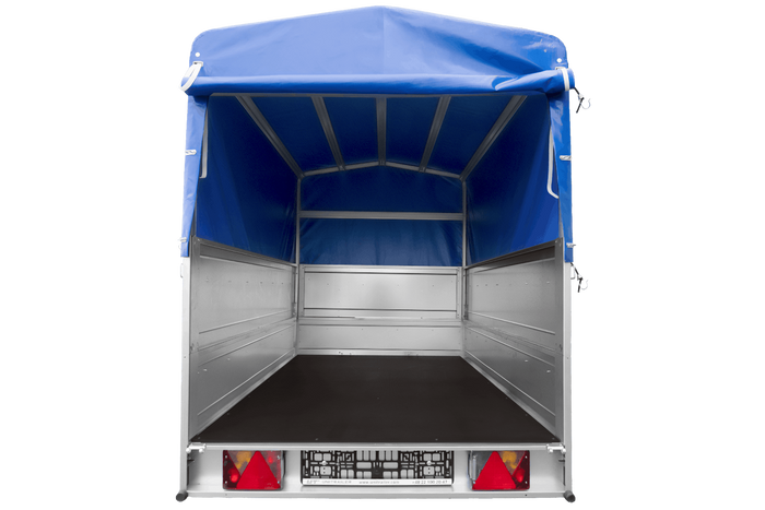 Remorque mono-essieu 200x125 UNITRAILER GARDEN 201 KIPP avec ridelles BIS, châssis H-800 et bâche bleue