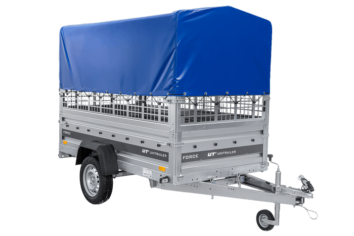 Remorque à un essieu 230x125 UNITRAILER FORCE 230 KIPP avec côtés grillagés, châssis H-0 et bâche bleue