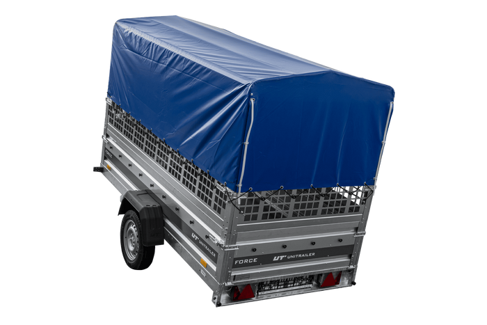 Remorque porte-voitures 264x125 UNITRAILER FORCE 264 KIPP avec côtés en filet, châssis H-800 et bâche bleue