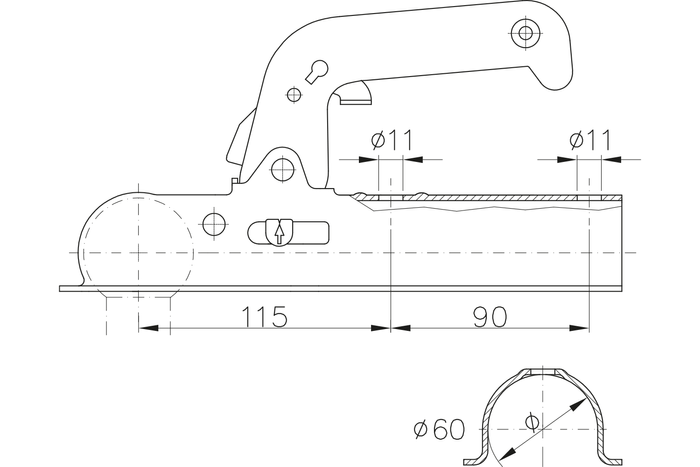 Attelage à boule WINTERHOFF WW8-B pour remorque 800kg avec timon tubulaire 60mm