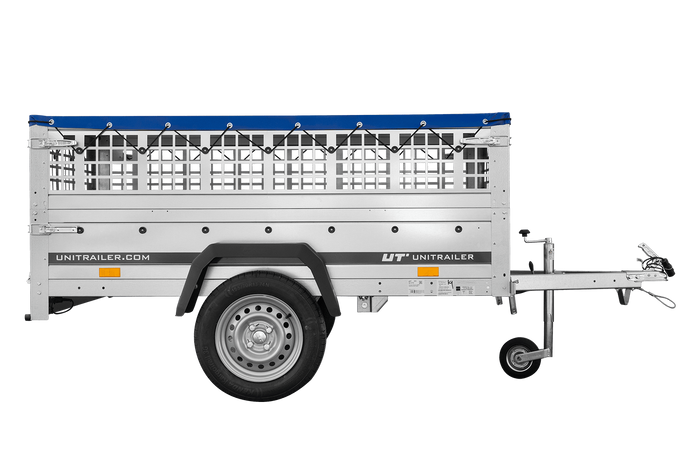 Remorque légère 200x106 UNITRAILER GARDEN 200 KIPP avec côtés en filet, châssis H-0 et bâche bleue