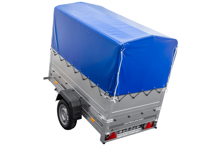 Remorque Garden Trailer 200 Kipp avec roue jockey, rehausses supplémentaire, arceau H-800 et bâche bleue