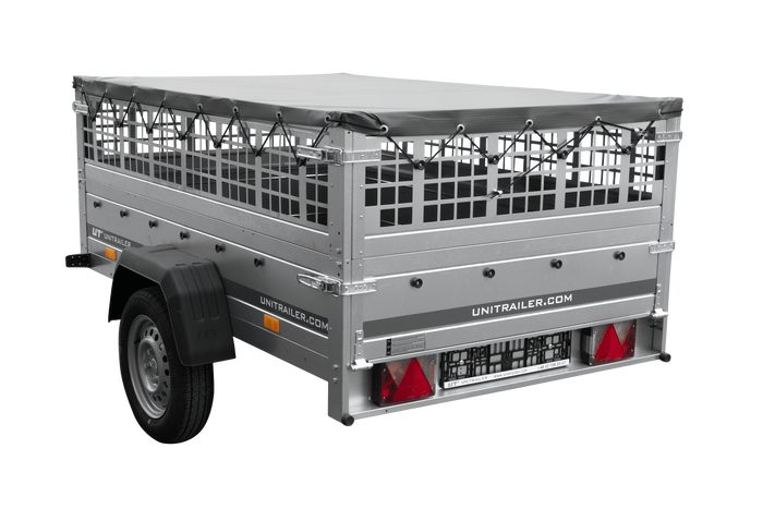 Remorque à un essieu 200x125 UNITRAILER GARDEN 201 KIPP avec côtés en filet et bâche grise