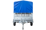 Remorque à un essieu 230x125 UNITRAILER GARDEN 230 KIPP avec côtés en filet, châssis H-800 et bâche bleue