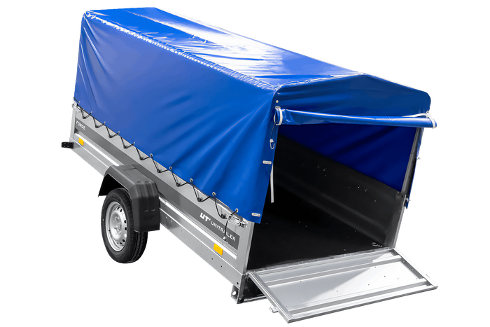 Remorque porte-voitures 264x125 UNITRAILER FORCE 264 KIPP avec châssis H-800 et bâche bleue