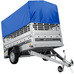 Remorque porte-voitures sur ressorts 230x125 UNITRAILER FORCE 230/R KIPP avec côtés en filet, châssis H-800 et bâche bleue