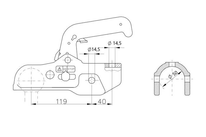 Attelage à boule WINTERHOFF WW 350-RB-K1414 pour remorque de 3500 kg avec timon tubulaire de 50 mm, en fonte