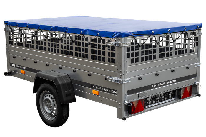 Remorque légère 230x125 UNITRAILER GARDEN 230 KIPP avec côtés en filet, châssis H-0 et bâche bleue