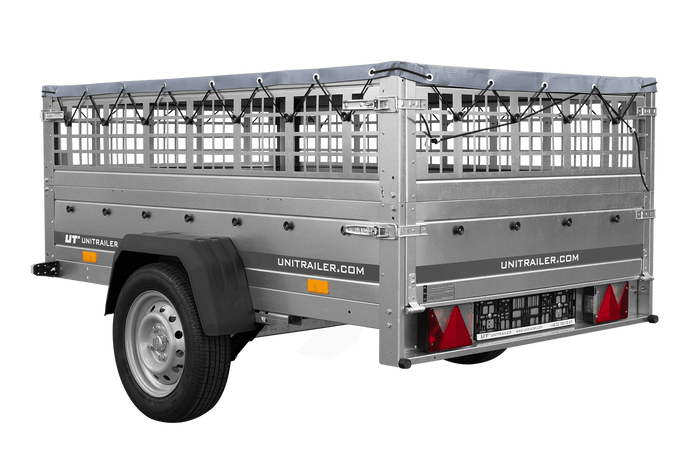 Remorque porte-voitures sur ressorts 200x125 UNITRAILER GARDEN 201/R KIPP avec côtés en filet, châssis H-0 et bâche grise