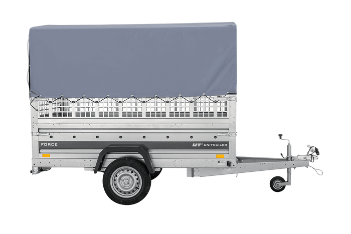 Remorque porte-voitures sur ressorts 230x125 UNITRAILER FORCE 230/R KIPP avec côtés en filet, châssis H-800 et bâche grise