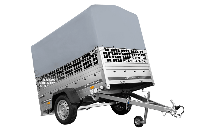 Remorque à un essieu sur ressorts UNITRAILER GARDEN 201/R KIPP 200x125 avec côtés en filet, châssis H-800 et bâche grise