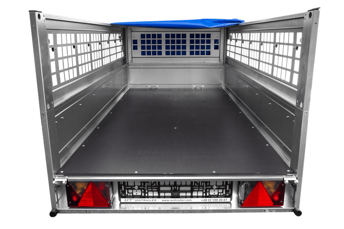 Remorque à un essieu 200x106 UNITRAILER GARDEN 200 KIPP avec côtés en filet et bâche bleue