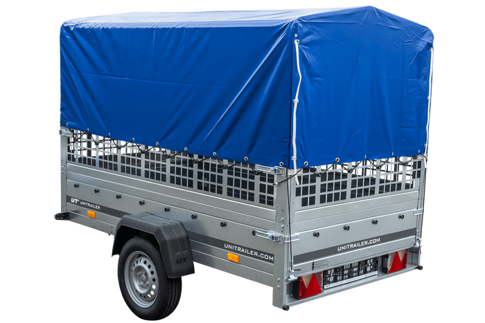 Remorque à un essieu 230x125 UNITRAILER GARDEN 230 KIPP avec côtés en filet, châssis H-800 et bâche bleue