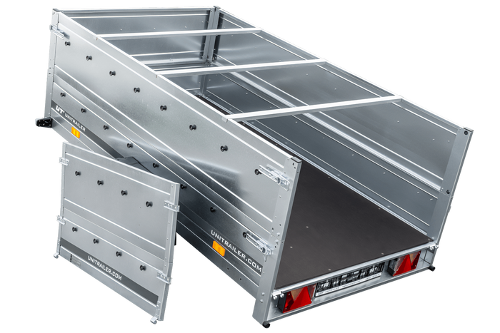 Grande remorque 230x125 avec bâche plate grise, tiges de support bâche, rehausses de ridelles et roue jockey - Garden Trailer 230 KIPP
