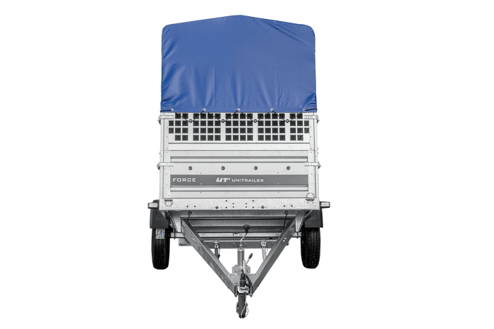 Remorque porte-voitures 264x125 UNITRAILER FORCE 264 KIPP avec côtés en filet, châssis H-800 et bâche bleue