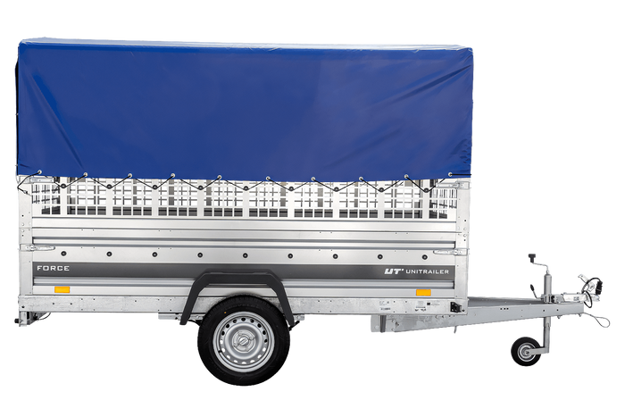 Remorque porte-voitures sur ressorts 264x125 UNITRAILER FORCE 264/R KIPP avec côtés en filet, châssis H-800 et bâche bleue