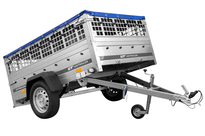 Remorque porte-voitures sur ressorts 200x125 UNITRAILER GARDEN 201/R KIPP avec côtés en filet, châssis H-0 et bâche bleue