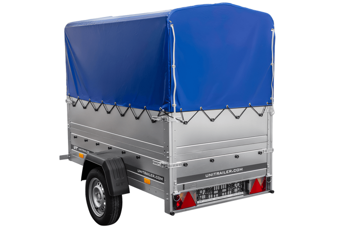 Remorque Garden Trailer 200 Kipp avec roue jockey, rehausses supplémentaire, arceau H-800 et bâche bleue