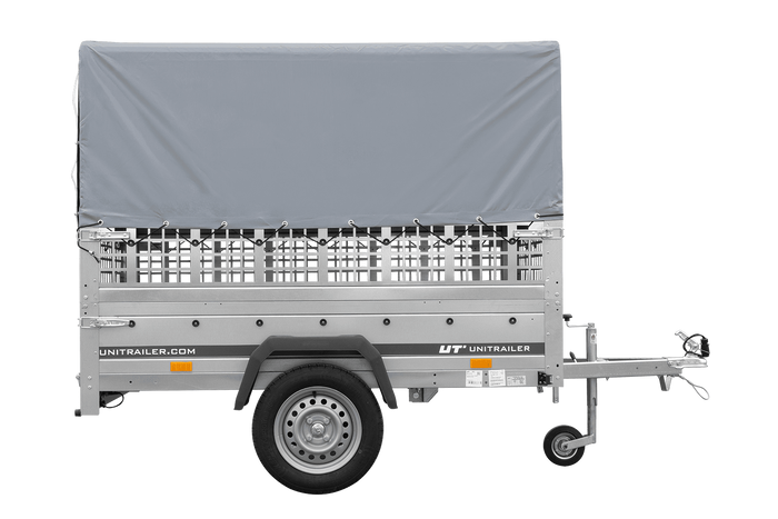Remorque à un essieu 200x125 UNITRAILER GARDEN 201 KIPP avec ridelles grillagées, châssis H-800 et bâche grise