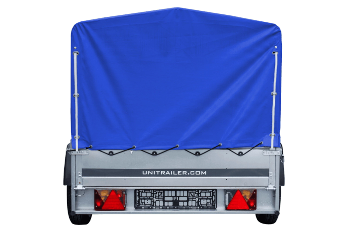 Remorque à un essieu sur ressorts 230x125 UNITRAILER GARDEN 230/R KIPP avec châssis H-800 et bâche bleue