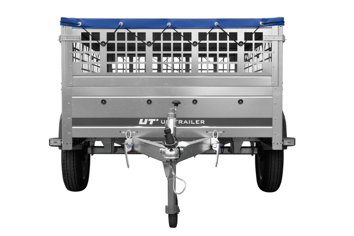 Remorque à un essieu 200x125 UNITRAILER GARDEN 201 KIPP avec ridelles grillagées, châssis H-0 et bâche bleue