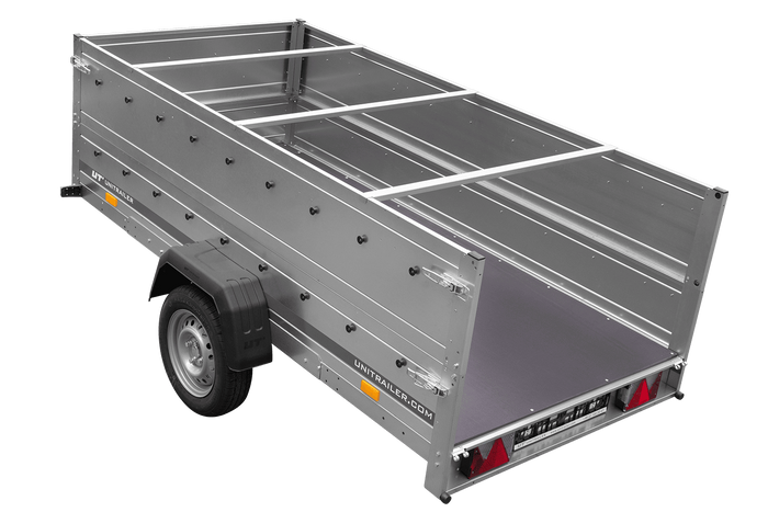 Remorque à un essieu sur ressorts 264x125 UNITRAILER GARDEN 264/R KIPP avec côtés, ridelles BIS, châssis H-0 et bâche bleue