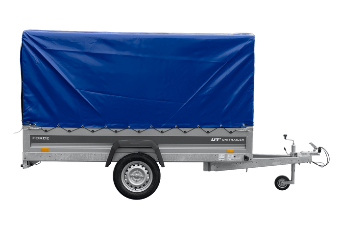 Remorque porte-voitures 264x125 UNITRAILER FORCE 264 KIPP avec châssis H-1100 et bâche bleue