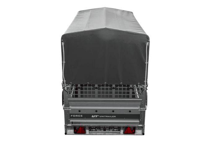 Remorque porte-voitures 264x125 UNITRAILER FORCE 264 KIPP avec côtés en filet, châssis H-800 et bâche grise